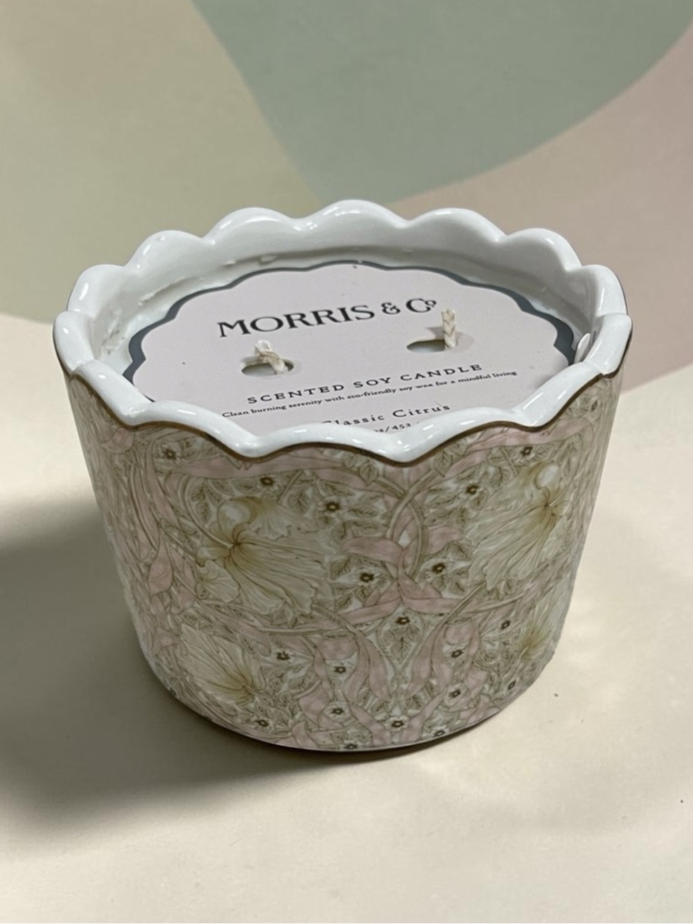 Morris & Co. Classic Citrus Scented Soy Candle Pink/White Floral Scalloped Jar